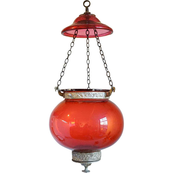 Small English Cranberry Glass Globe Pendant Hall Lantern