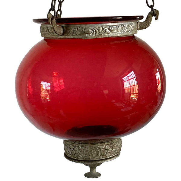 Small English Cranberry Glass Globe Pendant Hall Lantern