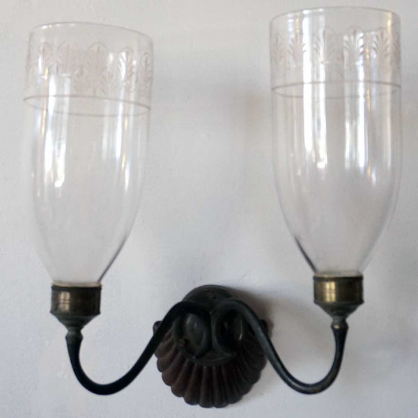 Anglo Indian Regency Teak, Brass and Glass Two-Light Candle Wall Sconce