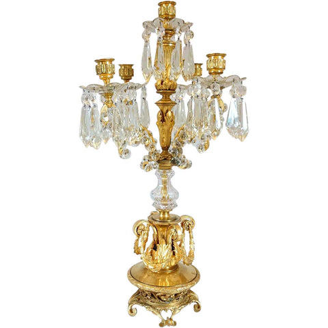 French Louis XVI Style Fire Gilt Bronze and Crystal Five-Light Candelabrum