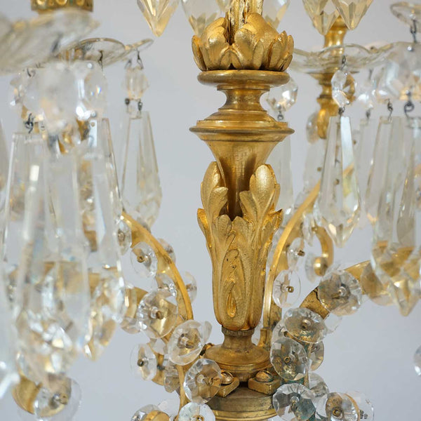 French Louis XVI Style Fire Gilt Bronze and Crystal Five-Light Candelabrum