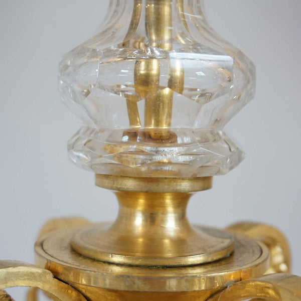 French Louis XVI Style Fire Gilt Bronze and Crystal Five-Light Candelabrum