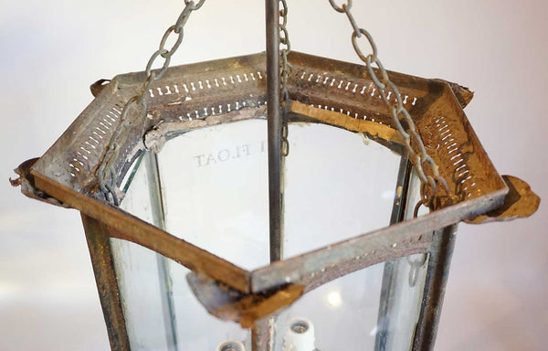 Anglo Indian Toleware and Glass Hexagonal Three-Light Hanging Lantern