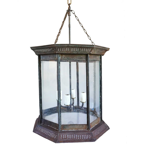 Large Anglo Indian Toleware and Glass Octagonal Four-Light Hanging Lantern