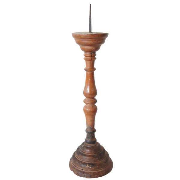 Large Indo-Portuguese Painted Teak and Iron Pricket Candlestick