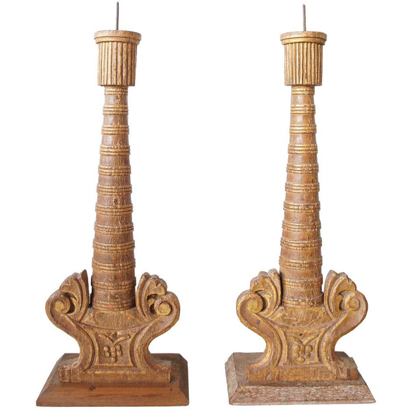 Pair of Indo-Portuguese Gilt Painted Teak Altar Pricket Candlesticks