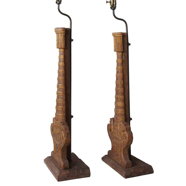 Pair of Indo-Portuguese Teak Candlesticks as Table Lamps