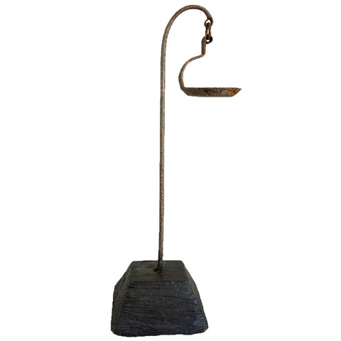 Indian Hand Forged Iron Oil Lamp on Wood Base