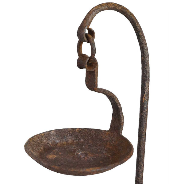 Indian Hand Forged Iron Oil Lamp on Wood Base