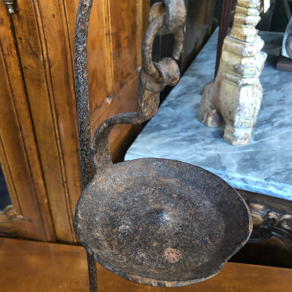 Indian Hand Forged Iron Oil Lamp on Wood Base