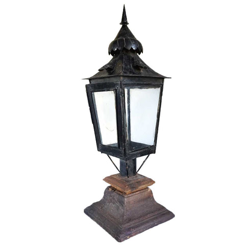 Anglo Indian Black Toleware and Glass Post Lantern on Teak Base