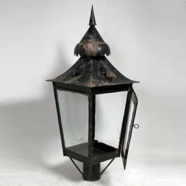 Anglo Indian Black Toleware and Glass Post Lantern on Teak Base
