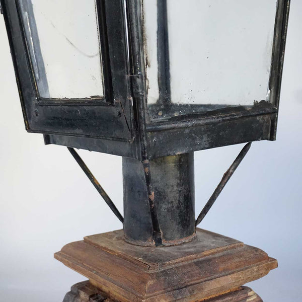Anglo Indian Black Toleware and Glass Post Lantern on Teak Base