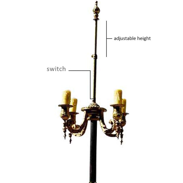 French Louis XVI Style Bronze and Black Slate Torchiere Four-Light Floor Lamp