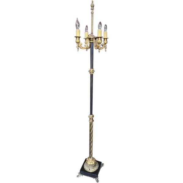 French Louis XVI Style Bronze and Black Slate Torchiere Four-Light Floor Lamp