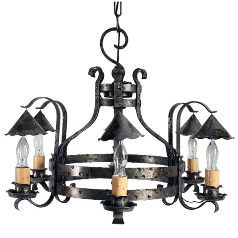 American Arts and Crafts Hammered Wrought Iron Six-Light Chandelier