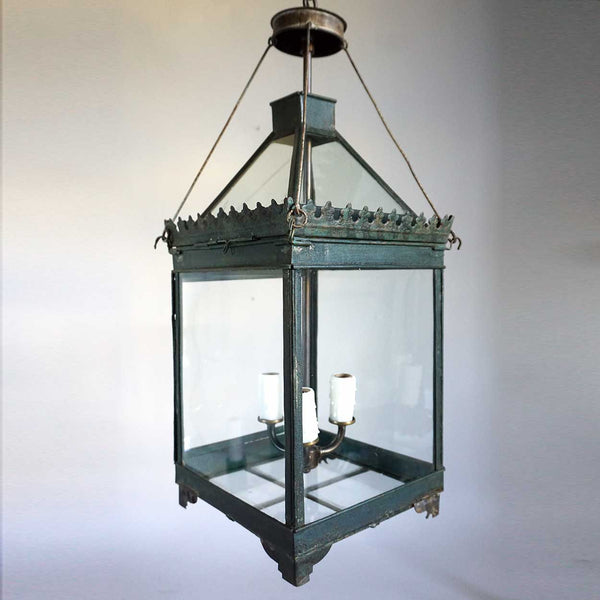 Anglo Indian Painted Toleware and Glass Three-Light Hanging Lantern