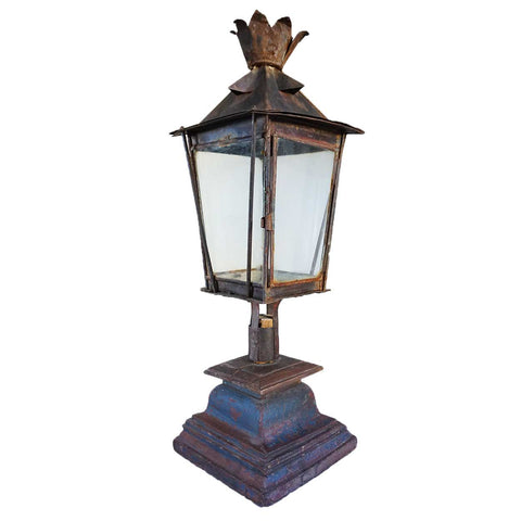 Anglo Indian Painted Toleware and Glass Post Lantern on Teak Base