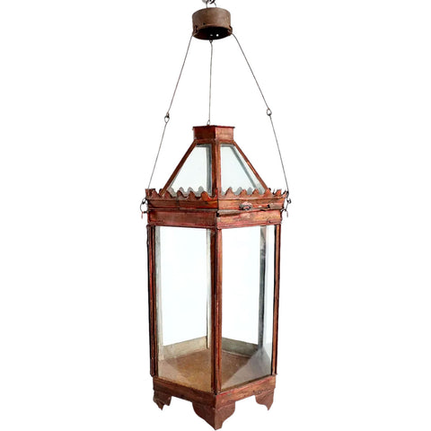 Anglo Indian Red Toleware and Glass Hexagonal Hanging Lantern