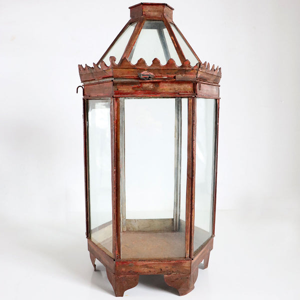 Anglo Indian Red Toleware and Glass Hexagonal Hanging Lantern