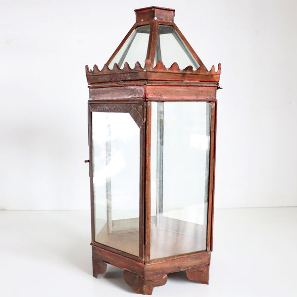 Anglo Indian Red Toleware and Glass Hexagonal Hanging Lantern
