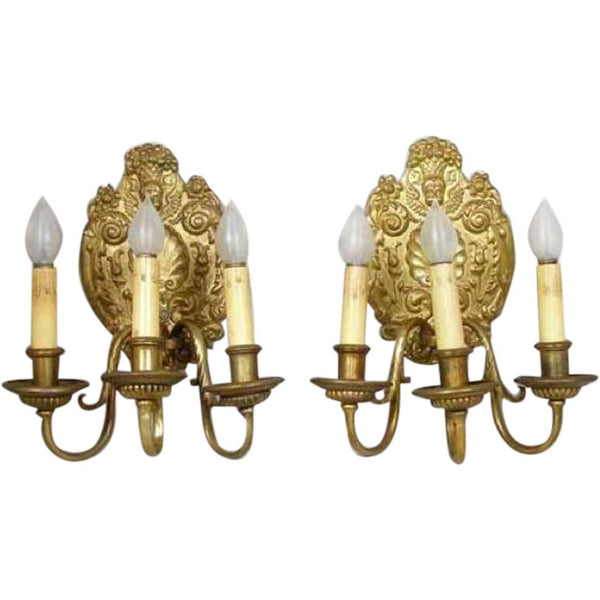 Pair of French Baroque Style Gilt Bronze Three-Light Wall Sconces