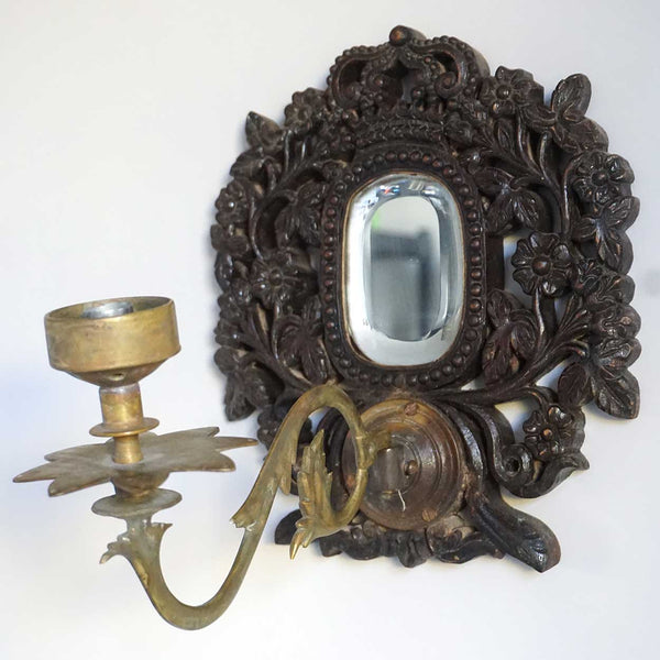 Indo-Portuguese Goan Teak, Brass and Mirrored One-Arm Candle Wall Sconce