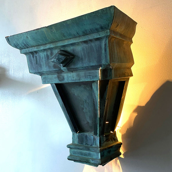 American Verdigris Copper Scupper as a One-Light Wall Sconce