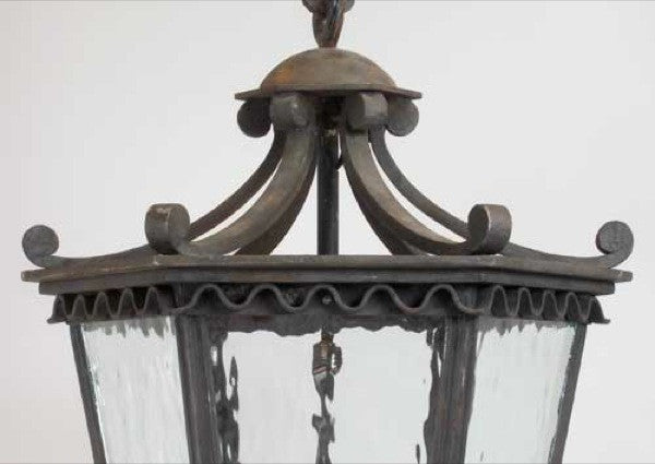 Vintage Argentine Wrought Iron and Textured Glass Three-Light Hanging Lantern