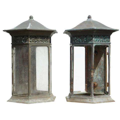Pair of American Copper, Bronze and Wrought Iron Exterior Wall Bracket Lanterns