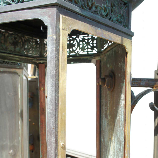 Pair of American Copper, Bronze and Wrought Iron Exterior Wall Bracket Lanterns