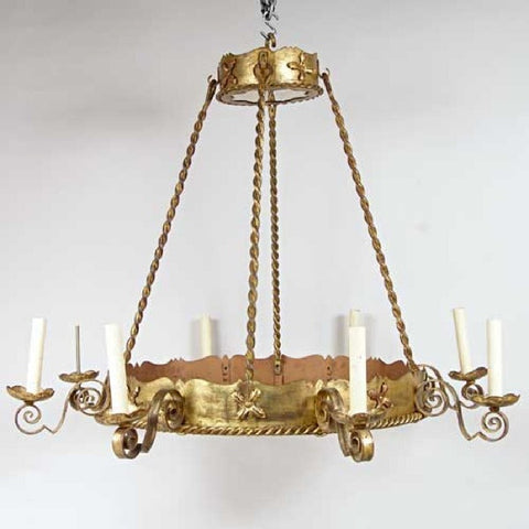 Vintage Large Gilt Wrought Iron and Mica Eight-Light Chandelier