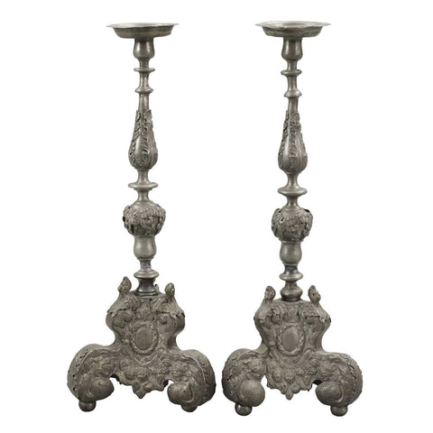 Pair of Large Dutch Baroque Style Pewter Candlesticks