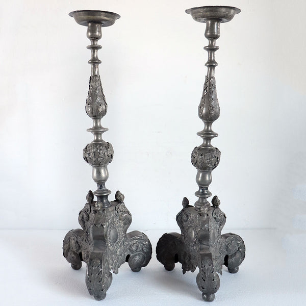 Pair of Large Dutch Baroque Style Pewter Candlesticks