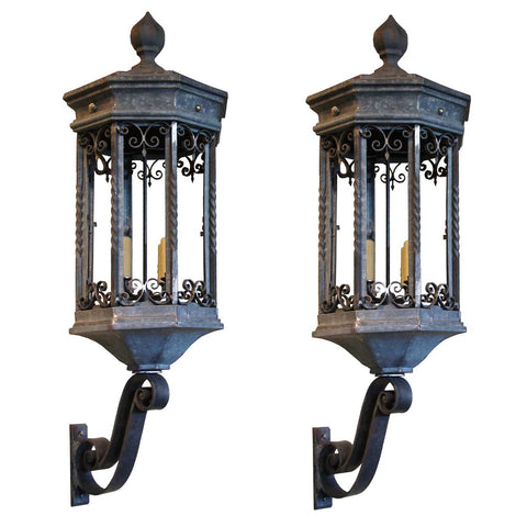 Pair Large American Galvanized Metal and Iron Exterior Four-Light Bracket Lanterns
