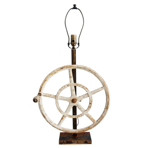 Vintage American Industrial Cast Iron Greenhouse Wheel as a One-Light Table Lamp