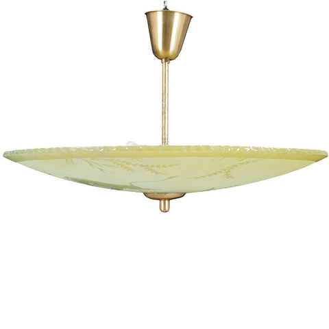 Swedish Orrefors Art Deco Yellow Glass Bowl Three-Light Pendant Ceiling Light