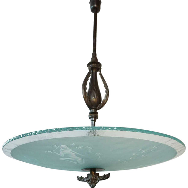Swedish Art Deco Brass and Etched Glass Bowl Five-Light Ceiling Pendant Light