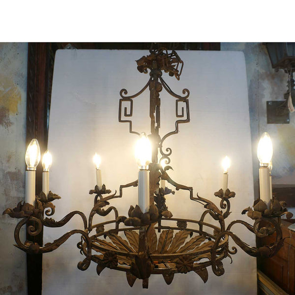 Large French Baroque Style Wrought Iron Floral Eight-Light Chandelier