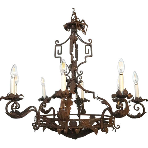 Large French Baroque Style Wrought Iron Floral Eight-Light Chandelier