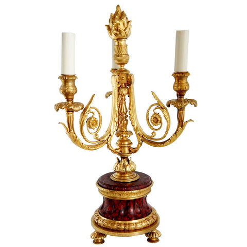 French Empire Style Rouge Royale Marble and Gilt Bronze Three-Light Candelabrum Table Lamp