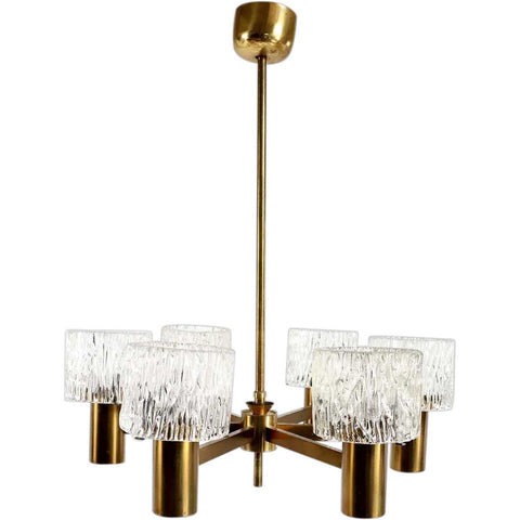 Swedish CARL FAGERLUND for Orrefors Glass and Brass Six-Light Chandelier