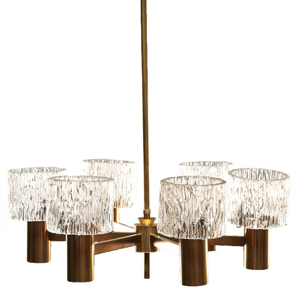 Swedish CARL FAGERLUND for Orrefors Glass and Brass Six-Light Chandelier