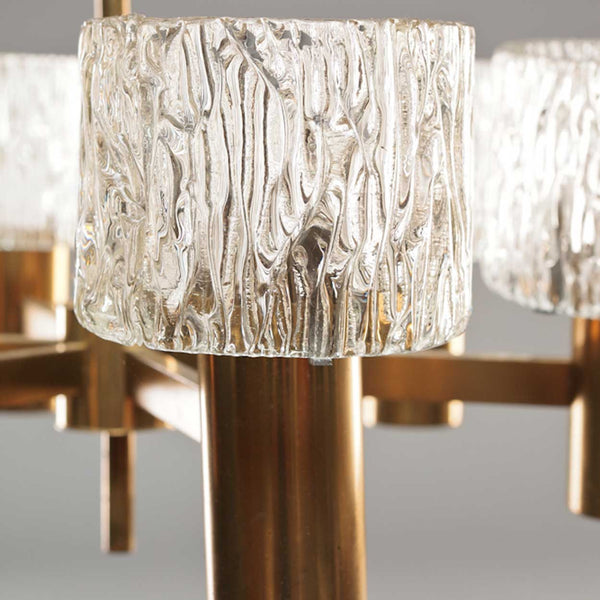 Swedish CARL FAGERLUND for Orrefors Glass and Brass Six-Light Chandelier
