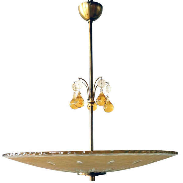 Swedish Orrefors Glass Bowl Shade and Drops Ceiling Pendant Light