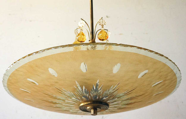 Swedish Orrefors Glass Bowl Shade and Drops Ceiling Pendant Light