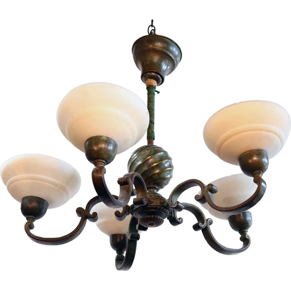 Swedish Patinated Metal and Alabaster Shade Five-Candlearm Chandelier