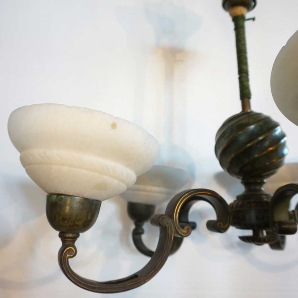 Swedish Patinated Metal and Alabaster Shade Five-Candlearm Chandelier
