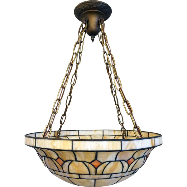 American Arts and Crafts Leaded and Slag Glass Hanging Bowl Four-Light Pendant Light