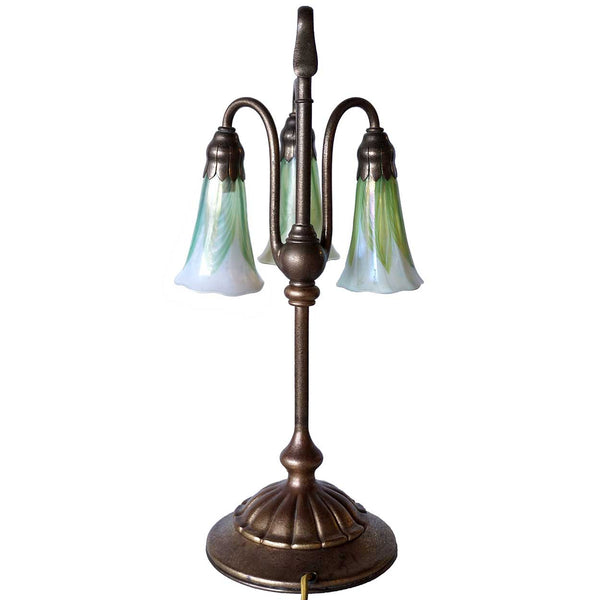 American Tiffany Studios Bronze and Favrile Glass Three-Light Lily Table Lamp